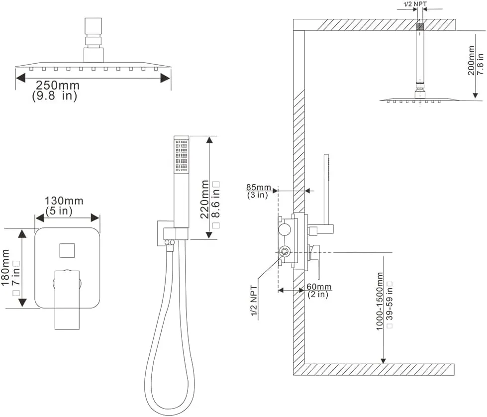 10 Inch Ceiling Mounted Shower System Rain Mixer Shower Combo Set Rainfall Shower Head System Matte Black Shower Faucet Rough-in Valve Body and Trim Included