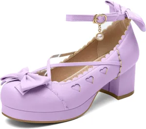 100FIXEO Women's Goth Platform Mary Jane Chunky Heels Kawaii Round Toe Ankle Strap Double Bow Cross-Tied Dress Pumps
