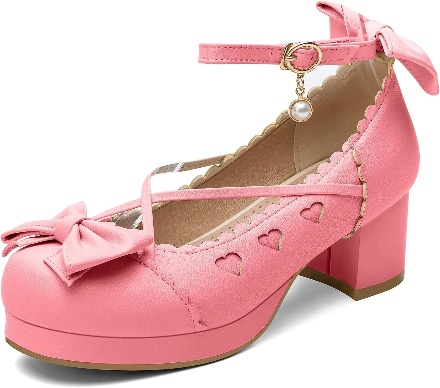 100FIXEO Women's Goth Platform Mary Jane Chunky Heels Kawaii Round Toe Ankle Strap Double Bow Cross-Tied Dress Pumps