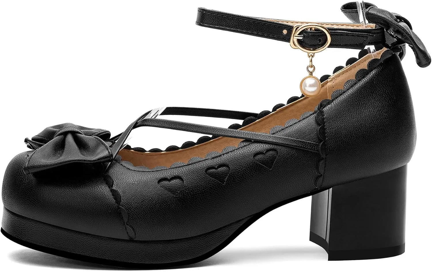 100FIXEO Women's Goth Platform Mary Jane Chunky Heels Kawaii Round Toe Ankle Strap Double Bow Cross-Tied Dress Pumps