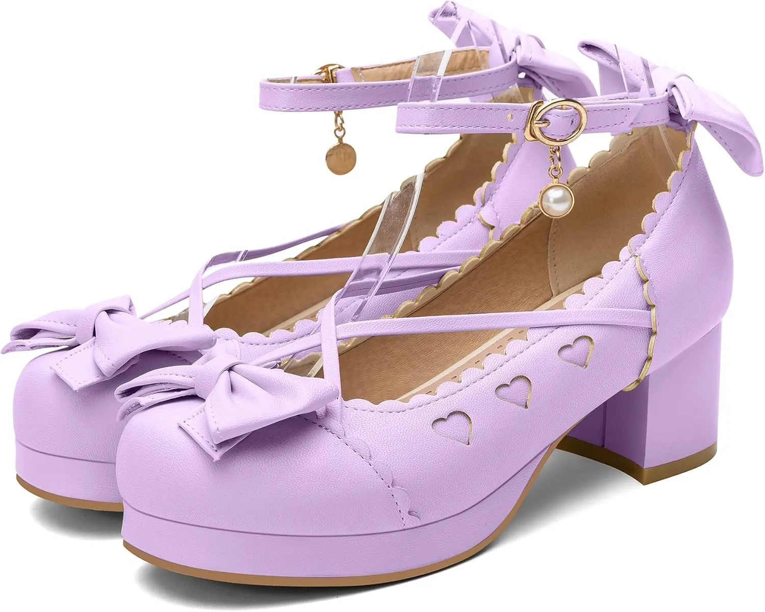 100FIXEO Women's Goth Platform Mary Jane Chunky Heels Kawaii Round Toe Ankle Strap Double Bow Cross-Tied Dress Pumps