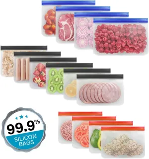 14-Pack (4 Small, 6 Medium, 4 Large) Extra Thick Reusable Silicone Storage Bags – BPA-Free, Leakproof & Durable Freezer Bags for Meal Prep, Marinating, Snacks & Travel – Dishwasher Safe