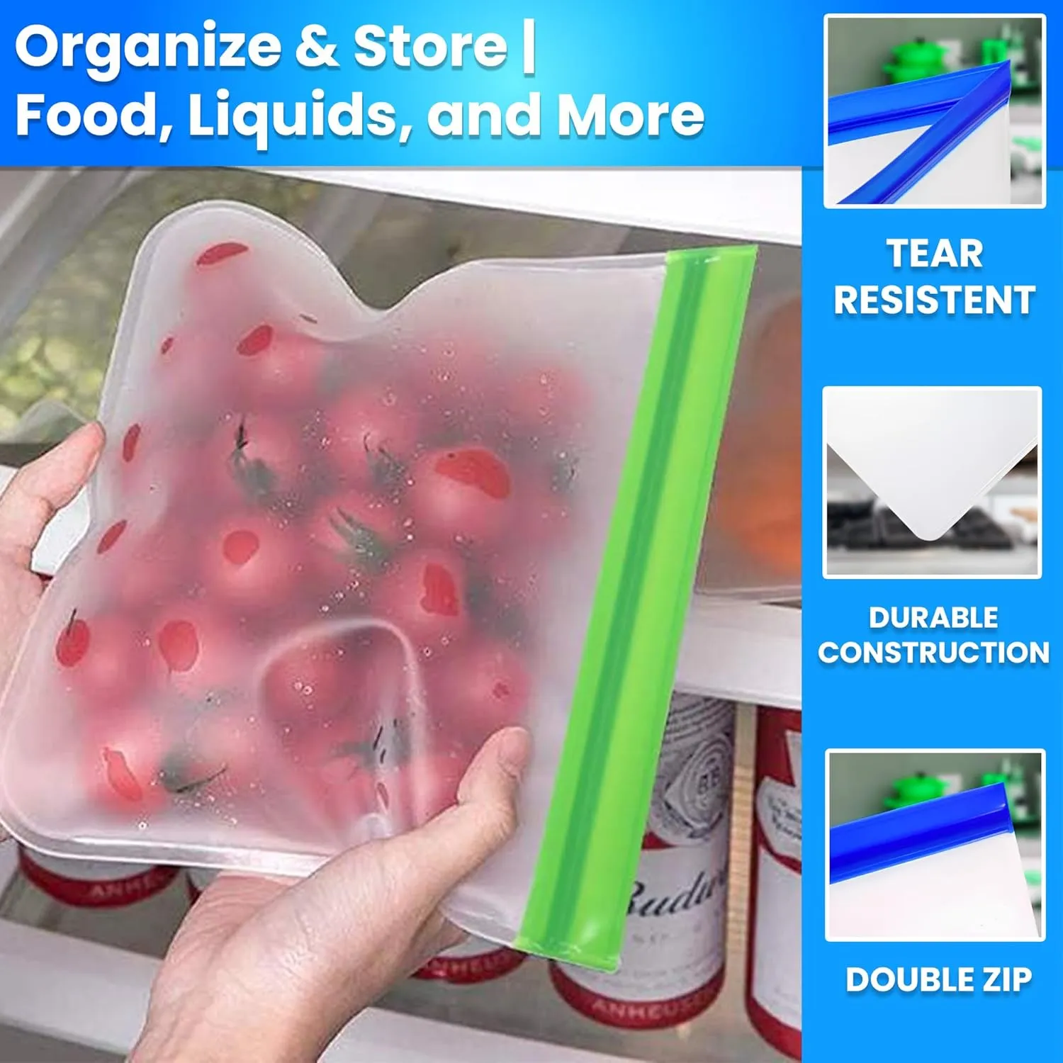 14-Pack (4 Small, 6 Medium, 4 Large) Extra Thick Reusable Silicone Storage Bags – BPA-Free, Leakproof & Durable Freezer Bags for Meal Prep, Marinating, Snacks & Travel – Dishwasher Safe