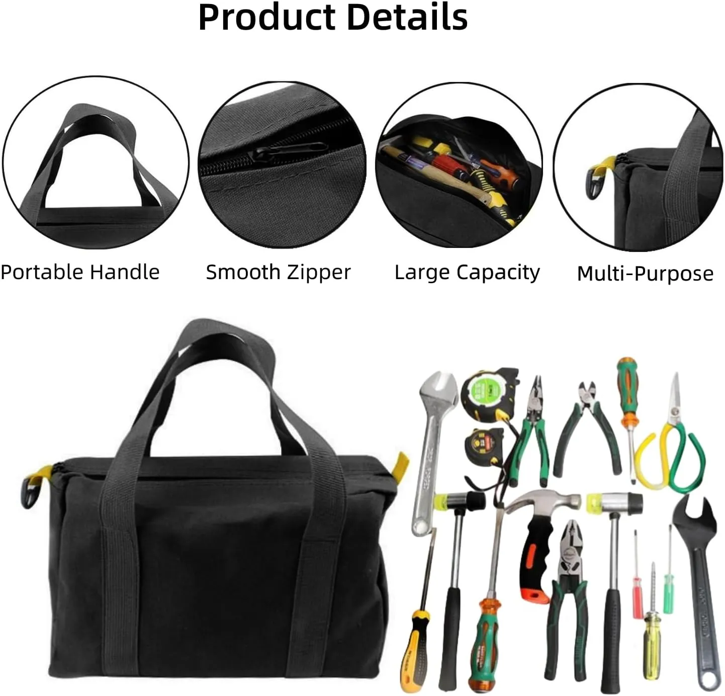 16-Inch Wide Mouth Canvas Tool Bag - Heavy Duty Storage for Electricians, Large Capacity Tool Tote with Organizer Pouch