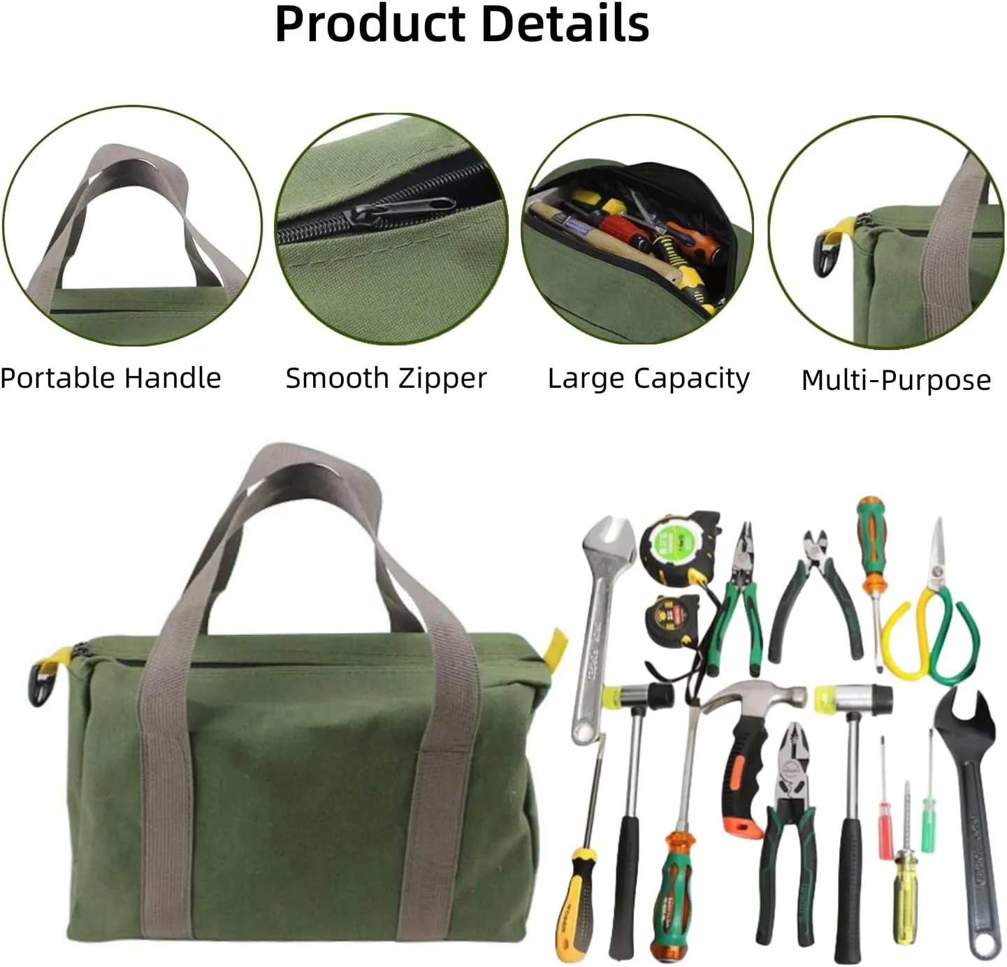 16 Inch Wide Mouth Tool Bag, Heavy Duty Canvas Tool Storage Bag for Men, Large Capacity Tool Tote Bag for Electricians, Power Tool Organizer Pouch