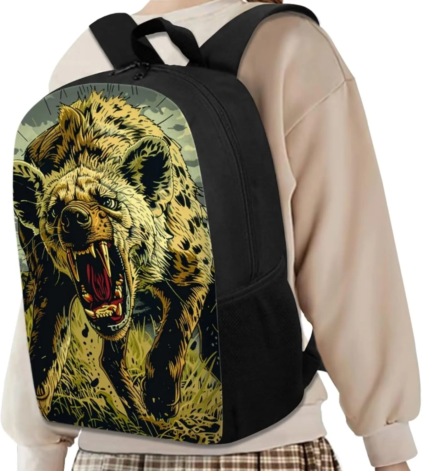 17 Inch Animal Print School Backpack And Lunch Box Set for Kids Lightweight Angry Hyena Backpack for Boys Girls Sturdy School Bag with Insulated Lunchbox Pencil Case Student Bookbag