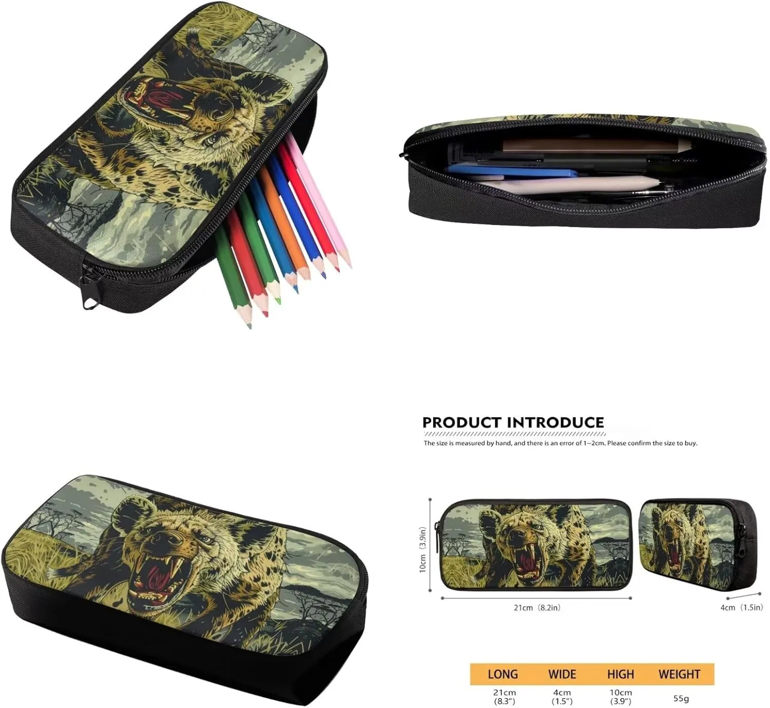 17 Inch Animal Print School Backpack And Lunch Box Set for Kids Lightweight Angry Hyena Backpack for Boys Girls Sturdy School Bag with Insulated Lunchbox Pencil Case Student Bookbag