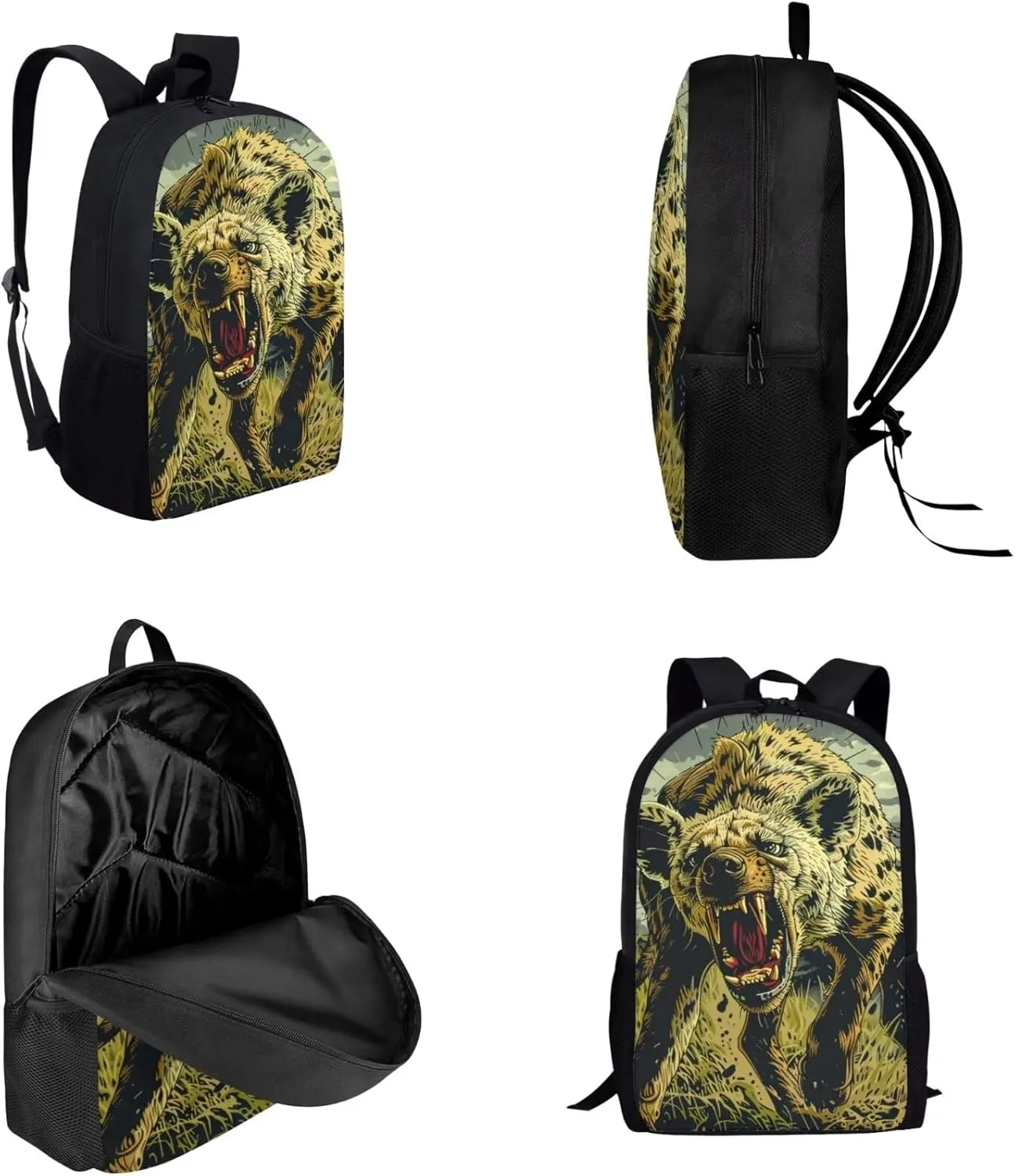 17 Inch Animal Print School Backpack And Lunch Box Set for Kids Lightweight Angry Hyena Backpack for Boys Girls Sturdy School Bag with Insulated Lunchbox Pencil Case Student Bookbag