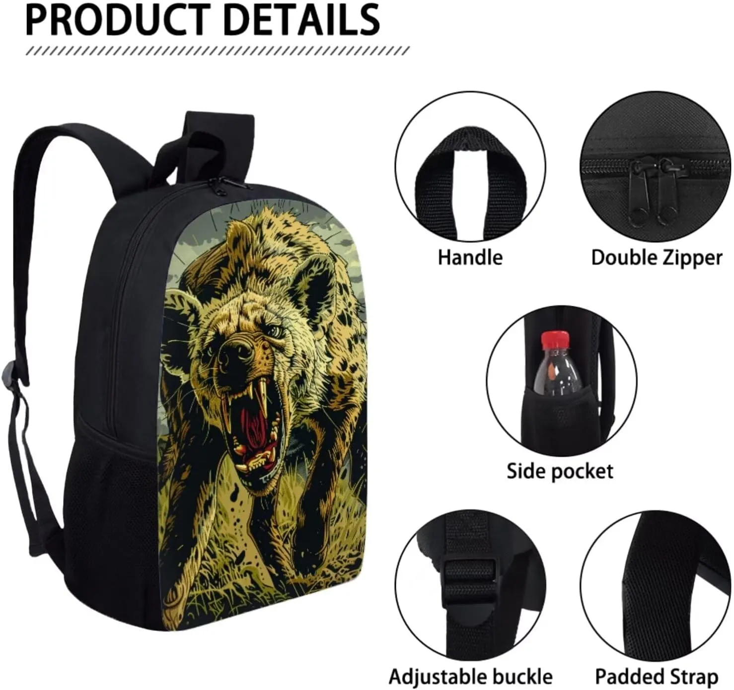 17 Inch Animal Print School Backpack And Lunch Box Set for Kids Lightweight Angry Hyena Backpack for Boys Girls Sturdy School Bag with Insulated Lunchbox Pencil Case Student Bookbag