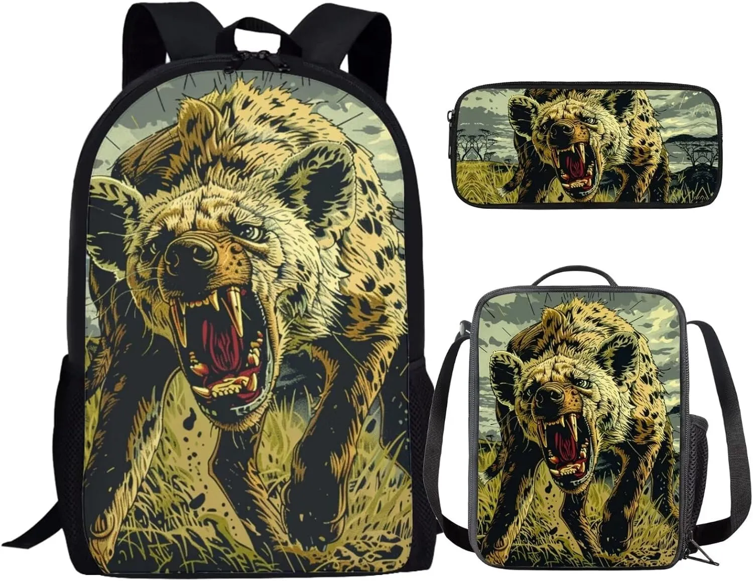 17 Inch Animal Print School Backpack And Lunch Box Set for Kids Lightweight Angry Hyena Backpack for Boys Girls Sturdy School Bag with Insulated Lunchbox Pencil Case Student Bookbag