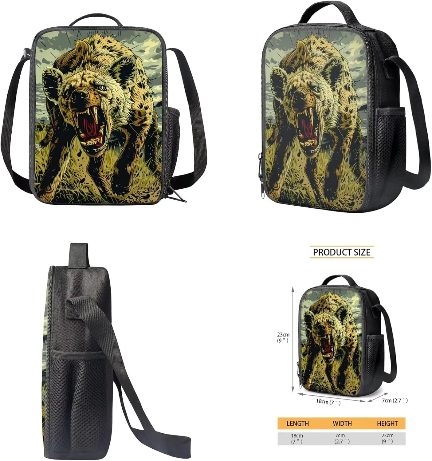 17 Inch Animal Print School Backpack And Lunch Box Set for Kids Lightweight Angry Hyena Backpack for Boys Girls Sturdy School Bag with Insulated Lunchbox Pencil Case Student Bookbag