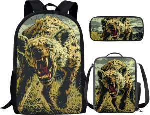 17 Inch Animal Print School Backpack And Lunch Box Set for Kids Lightweight Angry Hyena Backpack for Boys Girls Sturdy School Bag with Insulated Lunchbox Pencil Case Student Bookbag