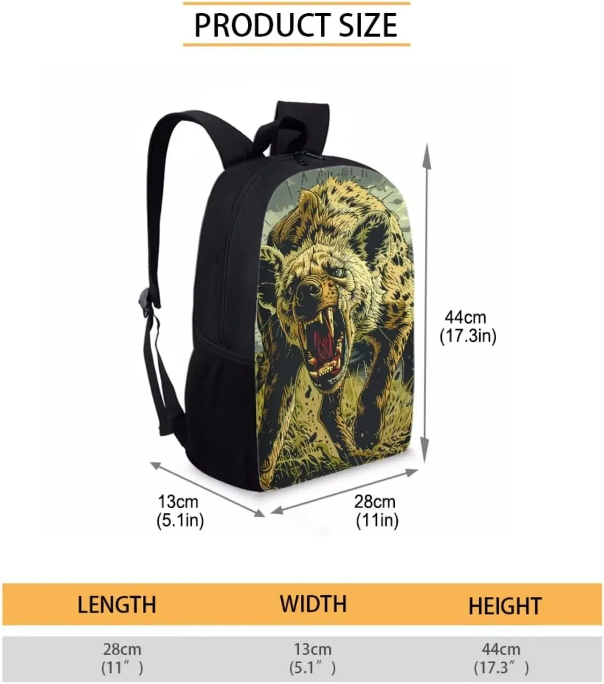 17 Inch Animal Print School Backpack And Lunch Box Set for Kids Lightweight Angry Hyena Backpack for Boys Girls Sturdy School Bag with Insulated Lunchbox Pencil Case Student Bookbag