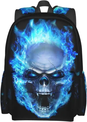 17 Inch Backpack Blue Fire Skull Laptop Backpack School Bookbag Shoulder Bag Casual Daypack