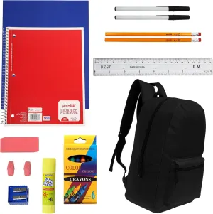 17 Inch Bulk Backpacks in Black Color with 18 Piece Student Supplies Kits - Pens, Pencils, Crayons, and More, Wholesale Case of 6 Value Bundle Packs