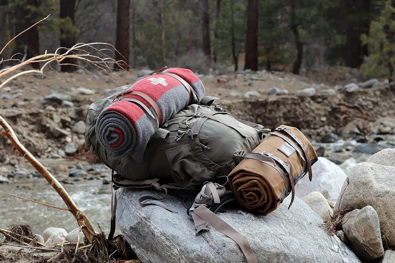 1844 Helko Werk Germany Waxed Canvas Bedroll & Swiss Army Blanket Bundle - Camping Bedroll with Leather Straps and Zipper - Waterproof Portable Bed (Blanket   Bedroll Olive) #F8761OB