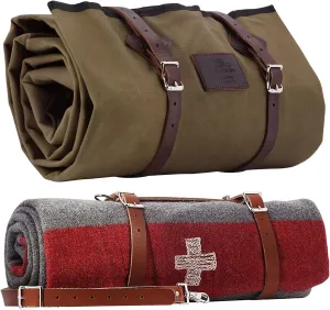 1844 Helko Werk Germany Waxed Canvas Bedroll & Swiss Army Blanket Bundle - Camping Bedroll with Leather Straps and Zipper - Waterproof Portable Bed (Blanket   Bedroll Olive) #F8761OB