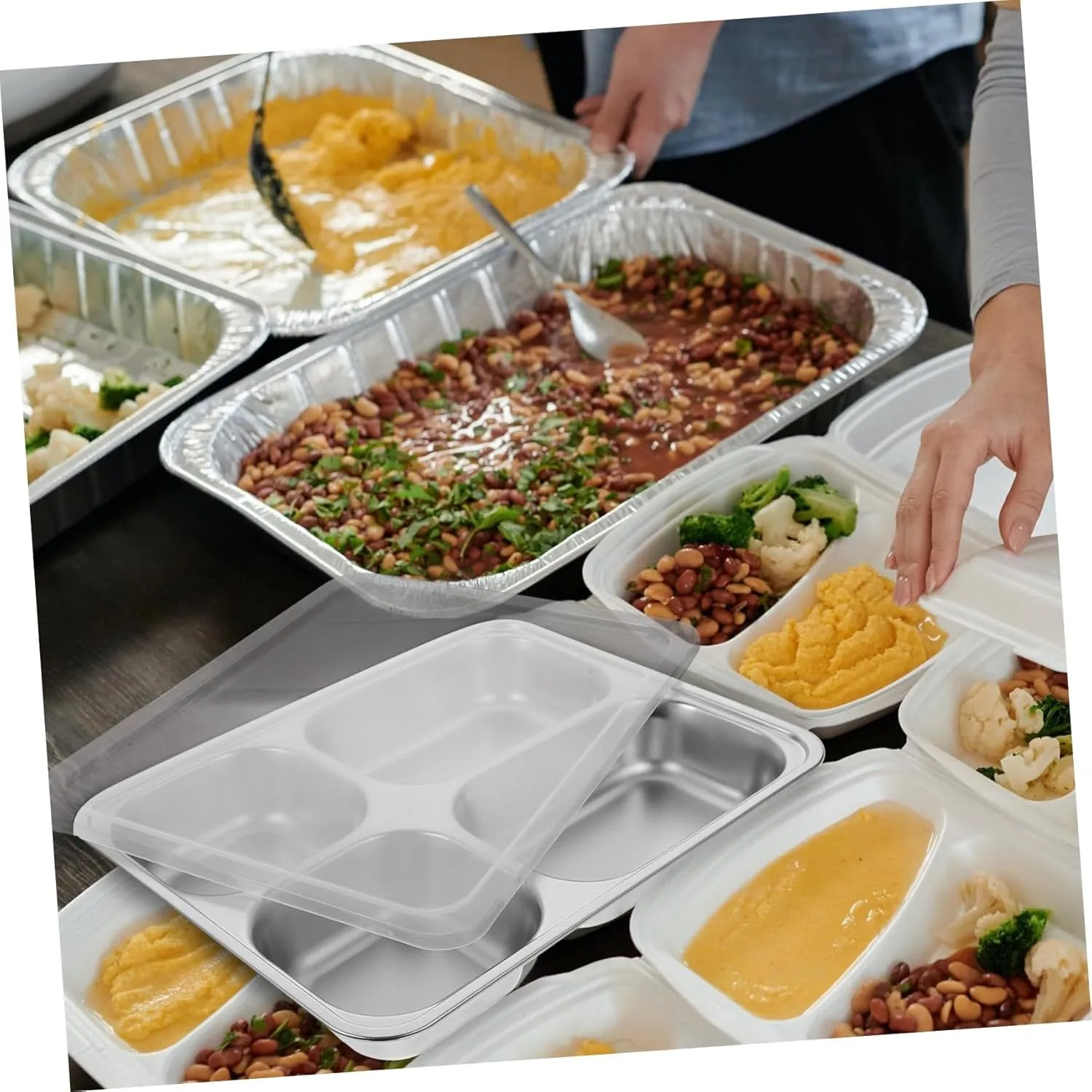 1pc Compartmented Dinner Plate Stainless Steel Large Serving Tray for Charcuterie School Lunch Tray