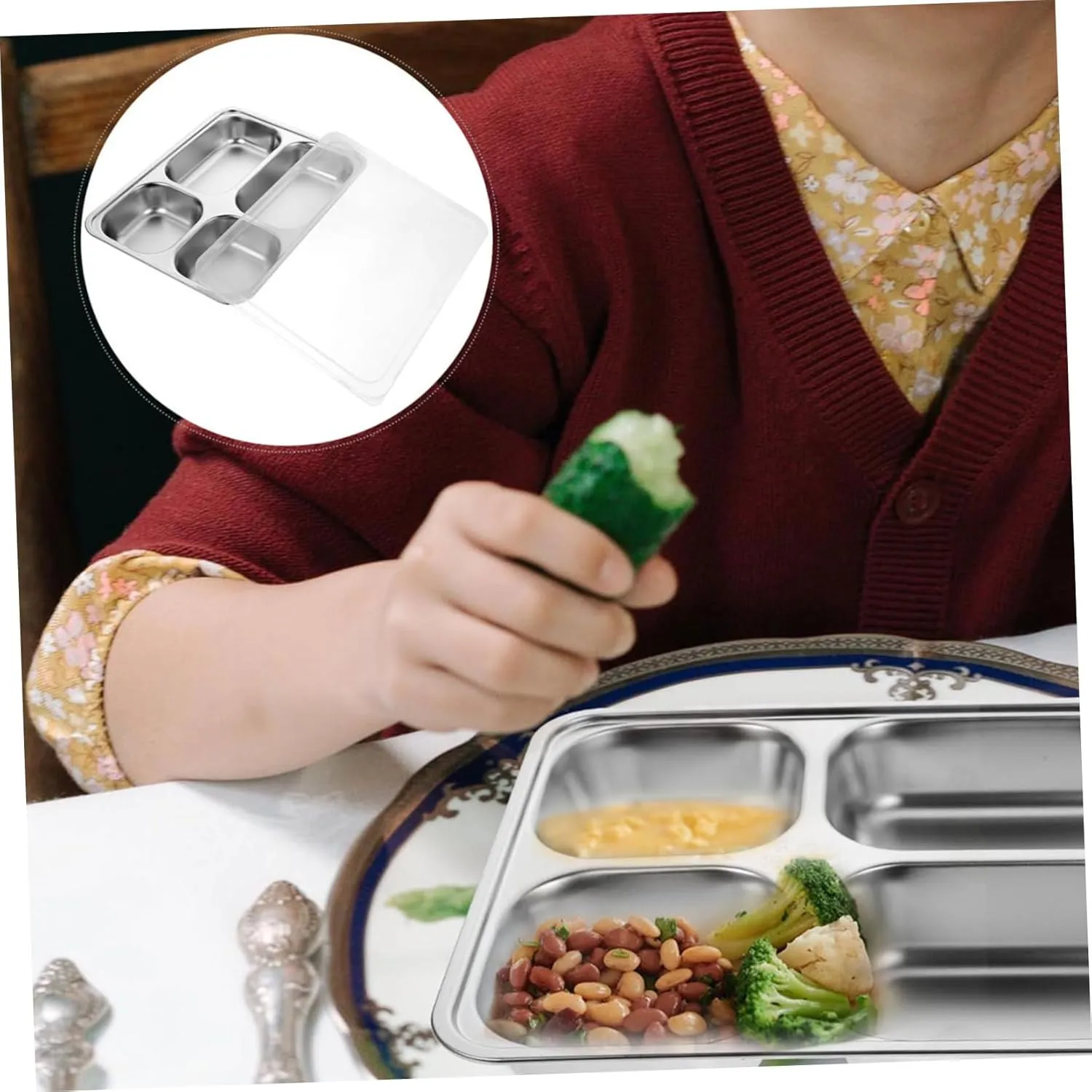 1pc Compartmented Dinner Plate Stainless Steel Large Serving Tray for Charcuterie School Lunch Tray