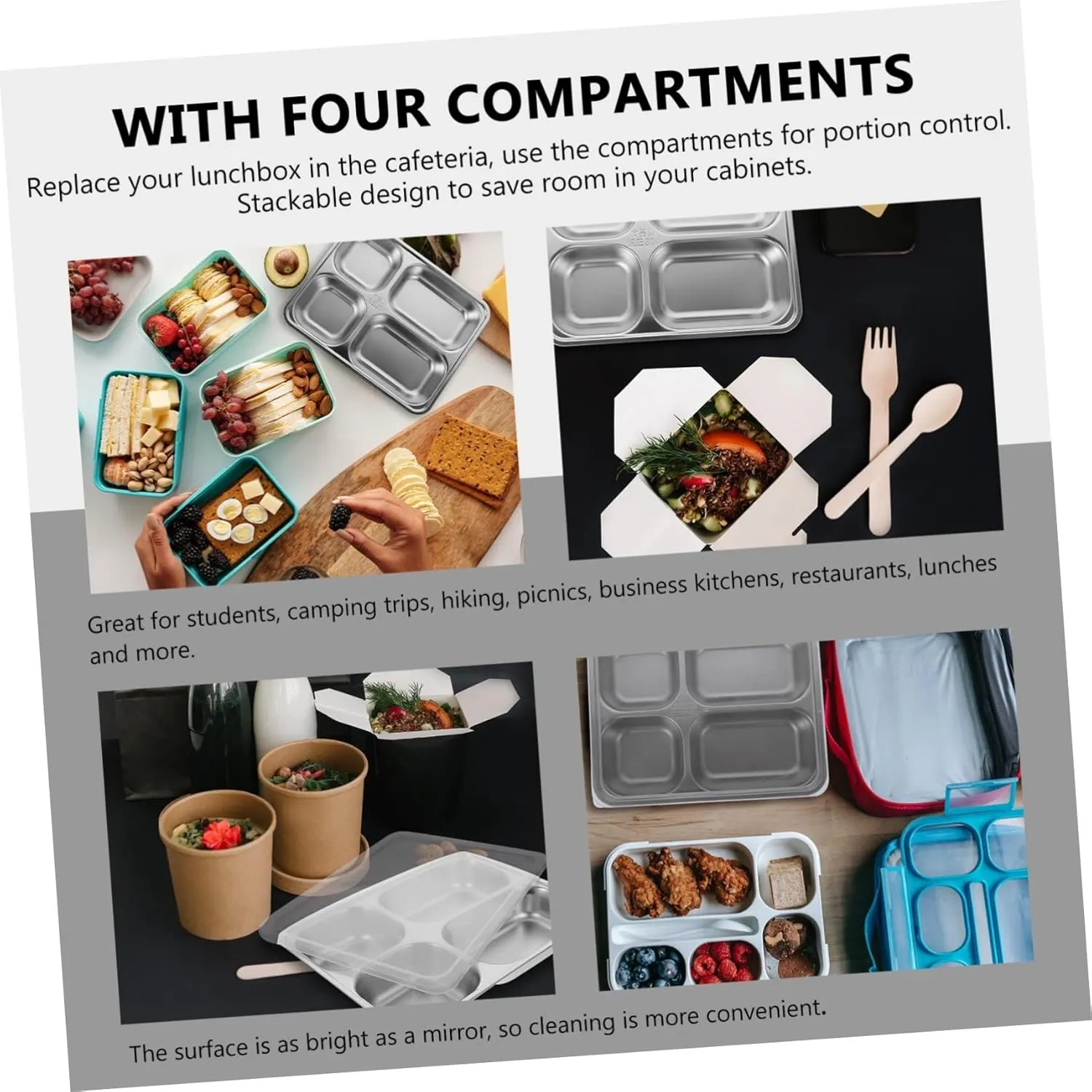 1pc Compartmented Dinner Plate Stainless Steel Large Serving Tray for Charcuterie School Lunch Tray