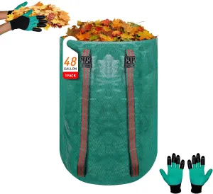 2-in-1 Leaf Collection Bag, 48 Gallon Reusable Large Yard Waste Bag with Shoulder Strap, Drawstring & Gardening Gloves, for Leaf Removal, Lawn Trash Cleanup & Yard Maintenance