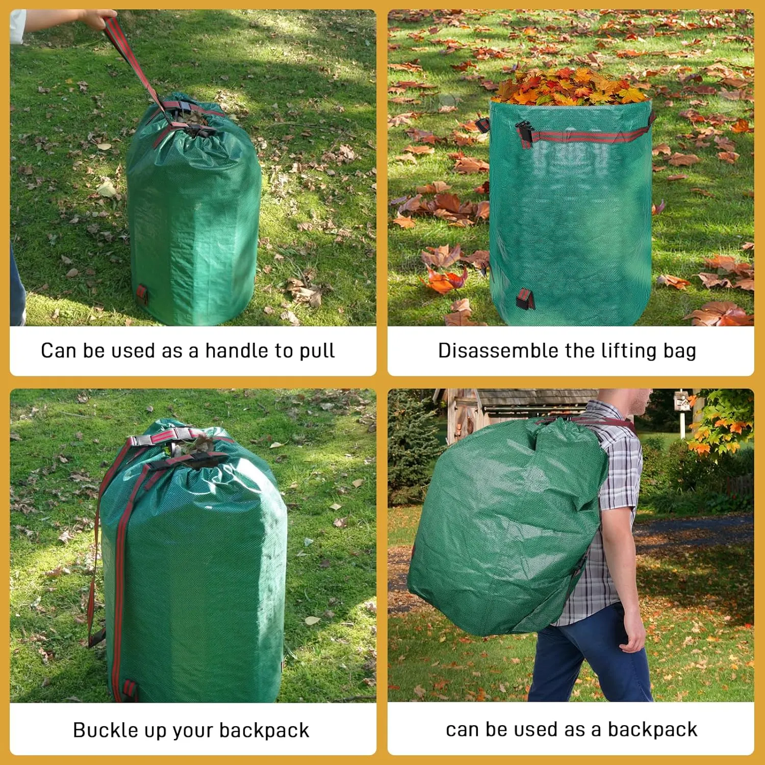 2-in-1 Leaf Collection Bag, 48 Gallon Reusable Large Yard Waste Bag with Shoulder Strap, Drawstring & Gardening Gloves, for Leaf Removal, Lawn Trash Cleanup & Yard Maintenance