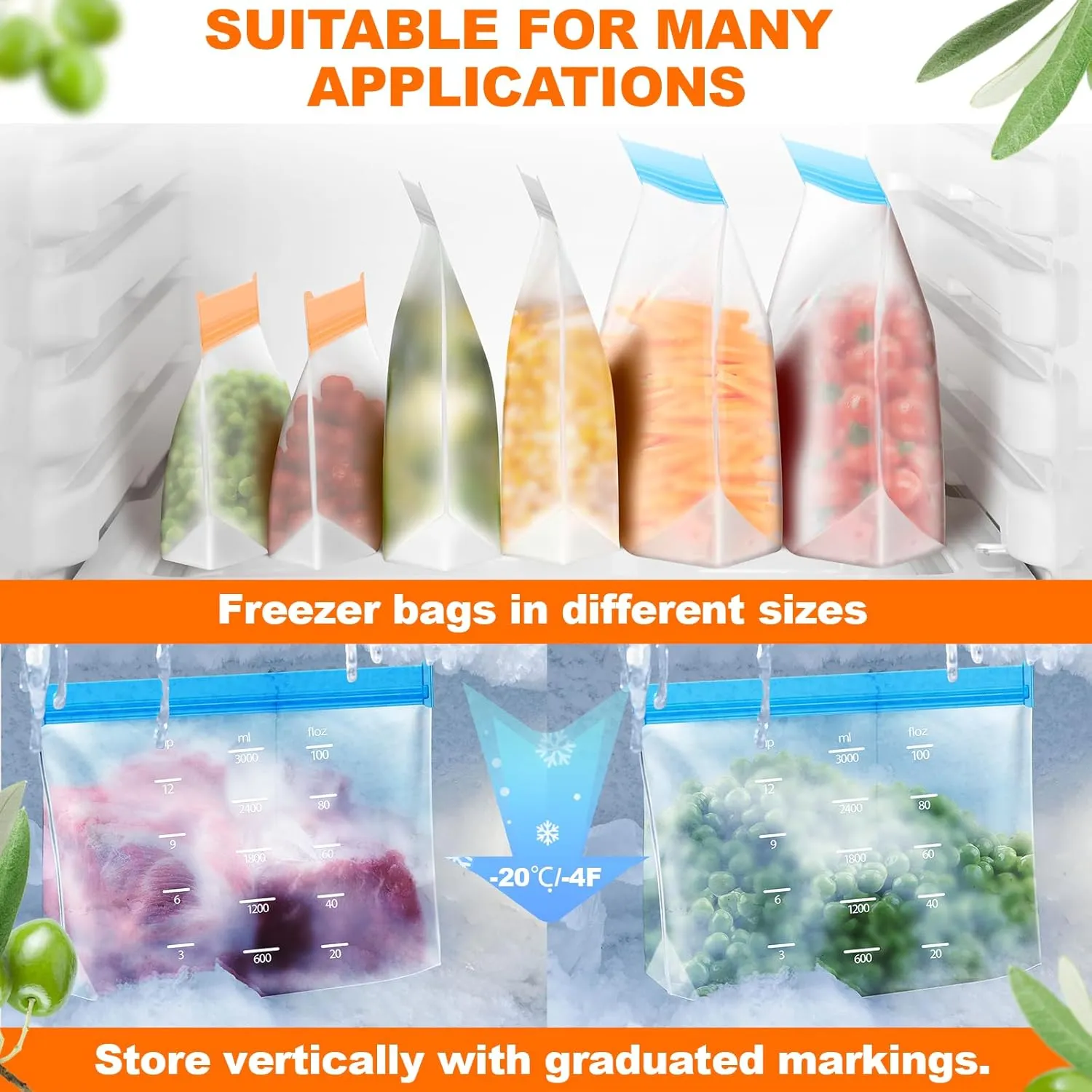 20 pack Reusable freezer bags,extra thick, suitable for travel and home use, reusable bags extra thick leakproof silicone suitable for a variety of food
