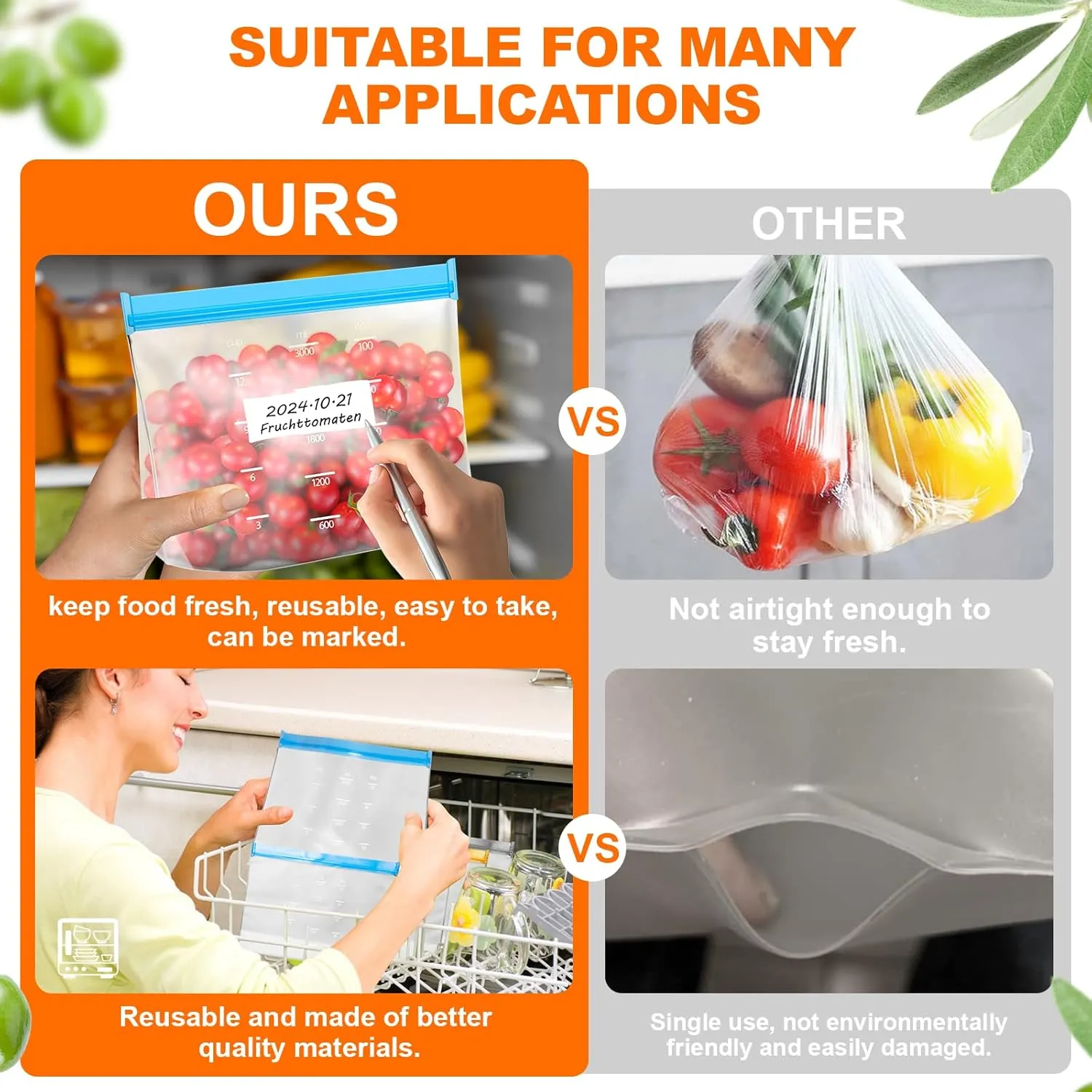 20 pack Reusable freezer bags,extra thick, suitable for travel and home use, reusable bags extra thick leakproof silicone suitable for a variety of food