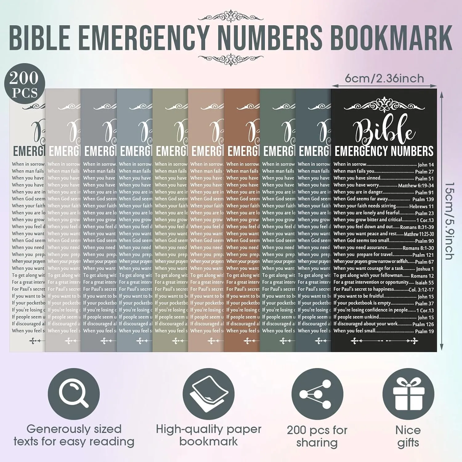 200 Set Christian Father Day Gifts Emergency Numbers Bookmarks Bible Verse Gifts Bulk Religious Scripture Church Welcome Book Marker for Sunday School Appreciation Gift(Classic Color)