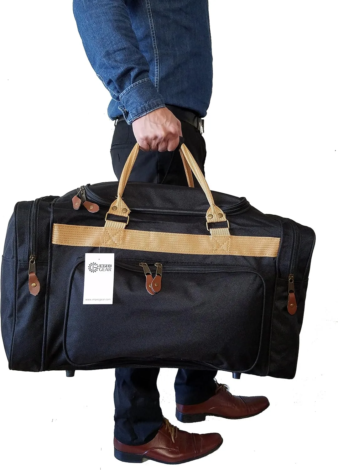 22" LARGE Deluxe Sport Gym Tote Bag and Travel Duffel Bag Carry Black/Khaki
