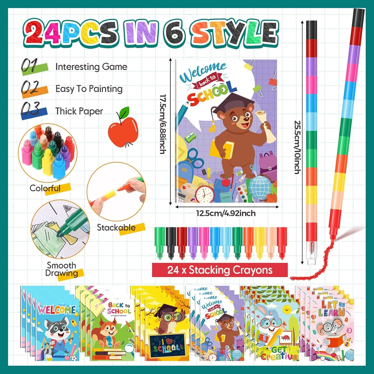 24 Coloring Book with 24 Stacking Crayons for Kid Mini Drawing Book Bulk Party Favor for Party Supplies Goodie Bag Stuffer Carnival Prize Classroom Gift