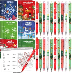 24 Pcs Christmas Mini Activity Books Bulk with 24 Pcs Christmas Ballpoint Pens Xmas Gel Ink Pens Christmas Party Favors Mini Activity Books for Christmas Party Office School Supplies Gift