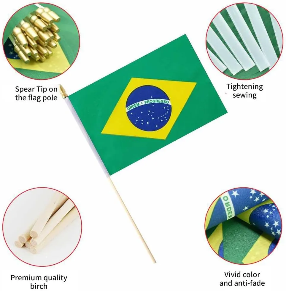 25Pack Small Brazil Flag Handheld Mini Brazilian Flag on Stick 5x8 Inch
