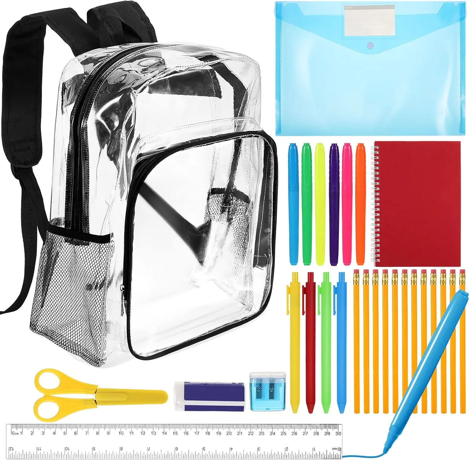 29 Pcs Clear Backpacks with School Supplies Kits Bulk for Kids Stadium Approved See Through Bookbag to School Supplies for Students Boys Girls
