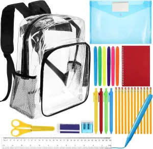 29 Pcs Clear Backpacks with School Supplies Kits Bulk for Kids Stadium Approved See Through Bookbag to School Supplies for Students Boys Girls