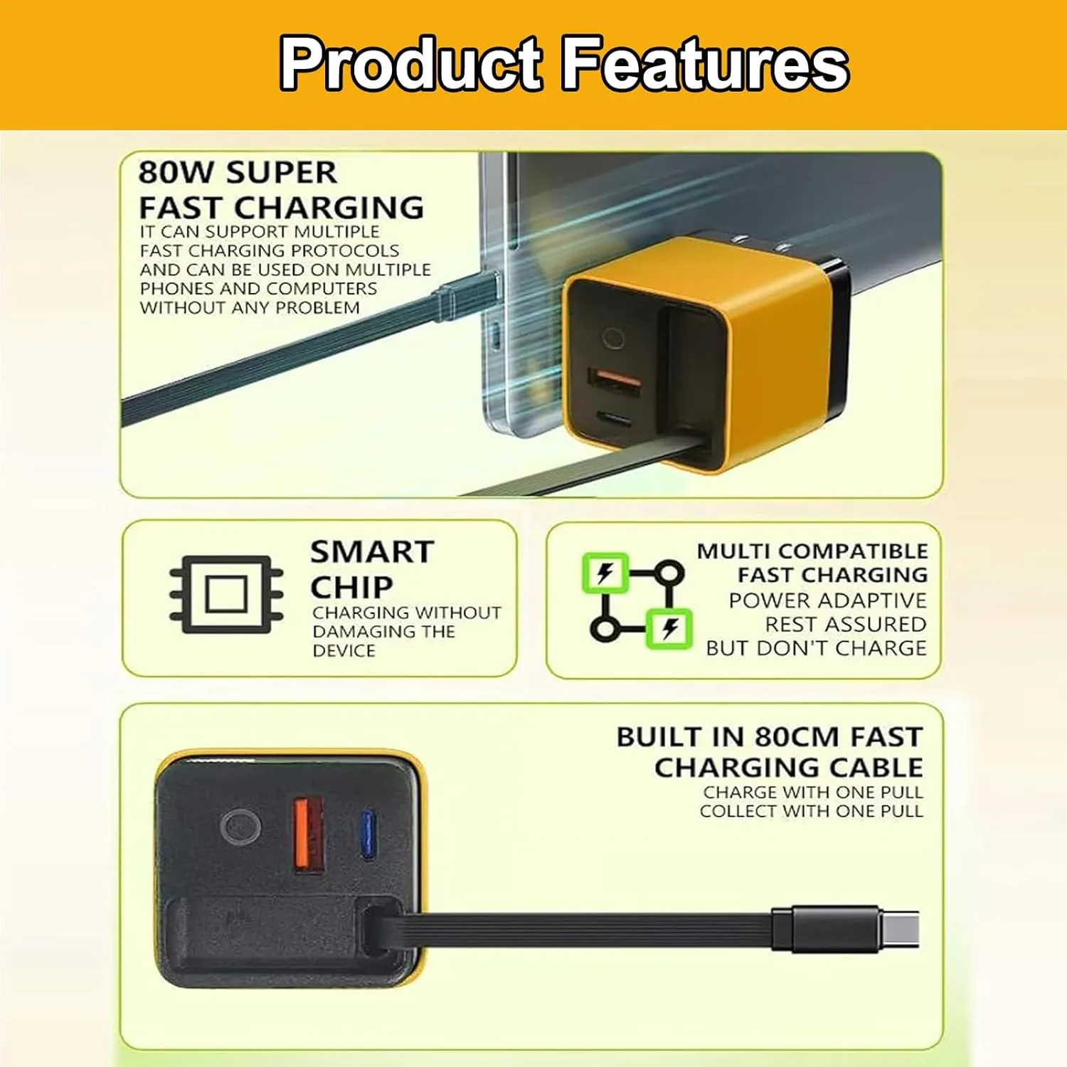 3 in 1 Gan Charger, Scalable 80w Max Fast Charger Module with Type-C Cable and 2 USB Ports, Retractable All in One Chargers, Phone Charger Wall Plug for Phone and Laptops (Green White, 2pcs)