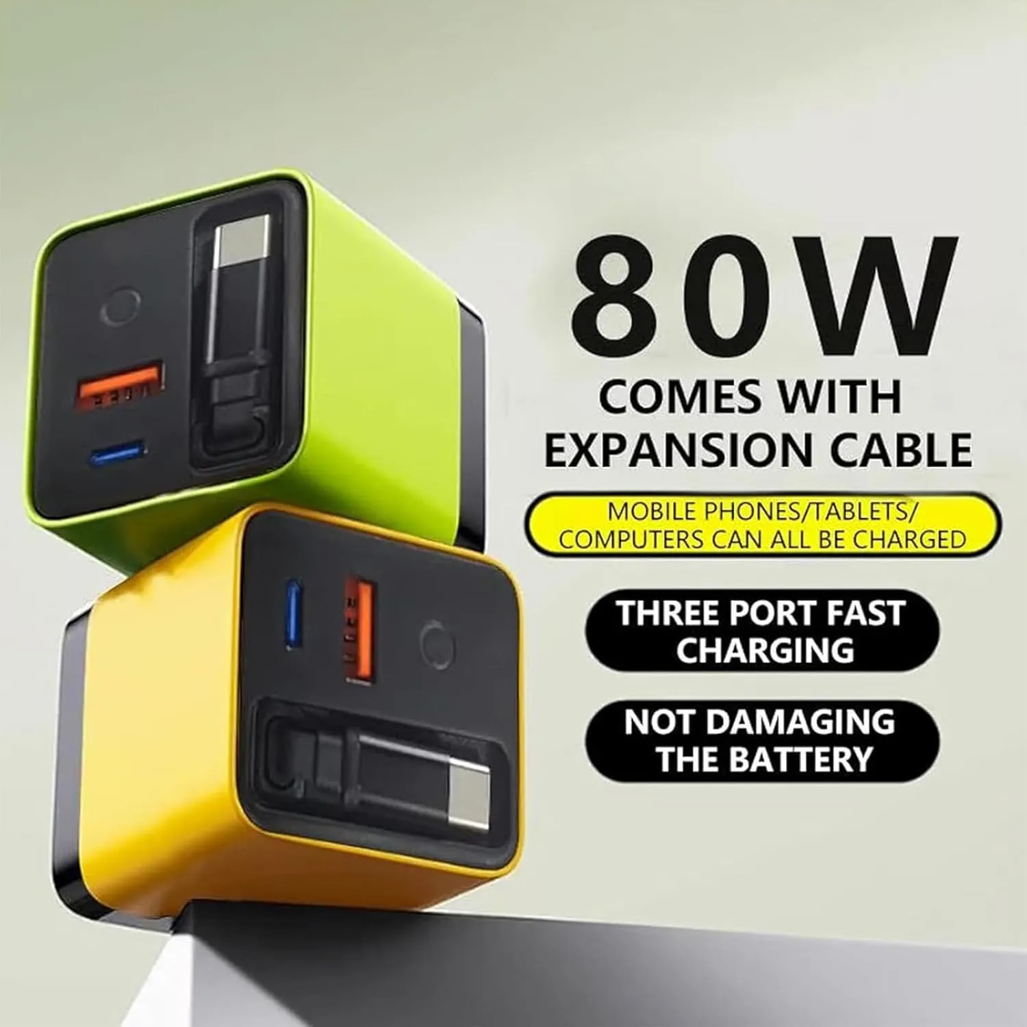 3 in 1 Gan Charger, Scalable 80w Max Fast Charger Module with Type-C Cable and 2 USB Ports, Retractable All in One Chargers, Phone Charger Wall Plug for Phone and Laptops (Green White, 2pcs)