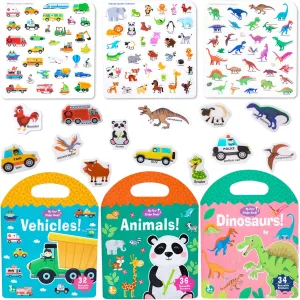 3 Pack Portable Jelly Sticker Quiet Book for Kids, Reusable Sticker Book for Toddlers, Preschool Learning Activities Learning & Education Toys, Animal Dinosaur Vehicle Travel Toys