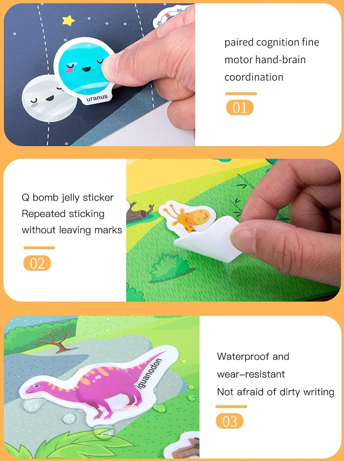3 Pack Portable Jelly Sticker Quiet Book for Kids, Reusable Sticker Book for Toddlers, Preschool Learning Activities Learning & Education Toys, Animal Dinosaur Vehicle Travel Toys