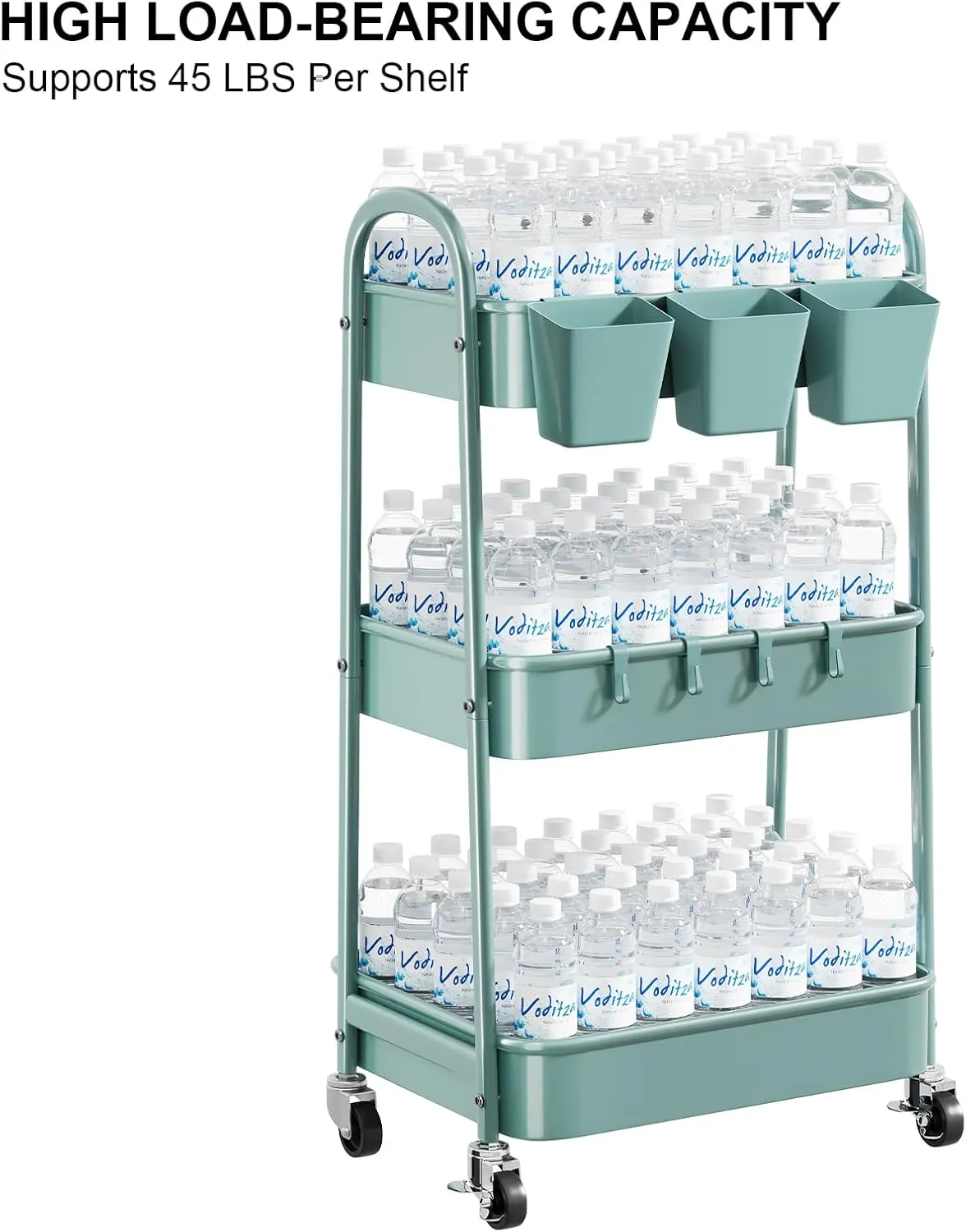 3 Tier Green Metal Rolling Cart with Lockable Wheels and Handle, 3 Tiered Utility Storage Organizer Carts for Teachers, Arts, Craft, Snack, Book, Bedside, Nursery, Cleaning Supplies, Easy Assembly