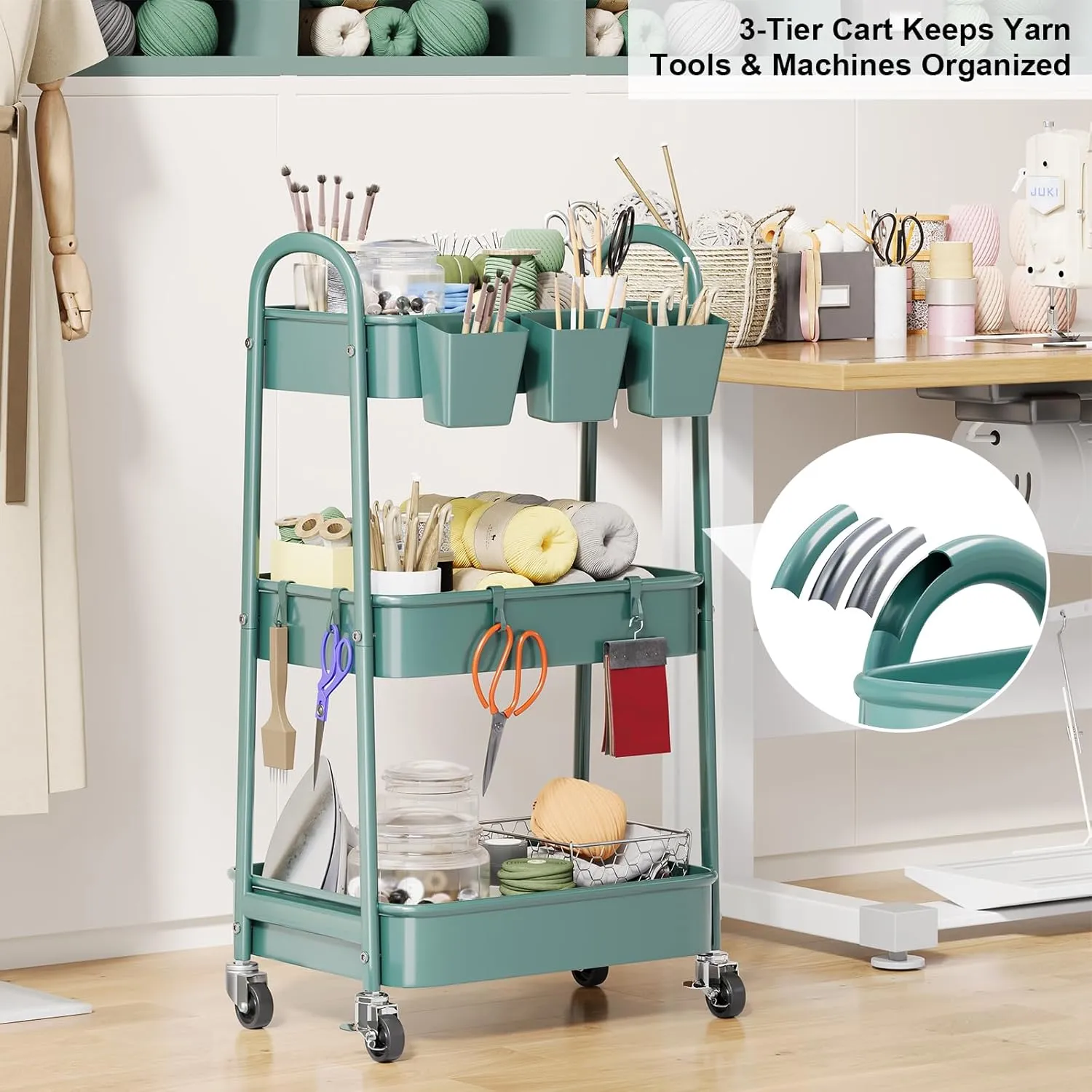 3 Tier Green Metal Rolling Cart with Lockable Wheels and Handle, 3 Tiered Utility Storage Organizer Carts for Teachers, Arts, Craft, Snack, Book, Bedside, Nursery, Cleaning Supplies, Easy Assembly