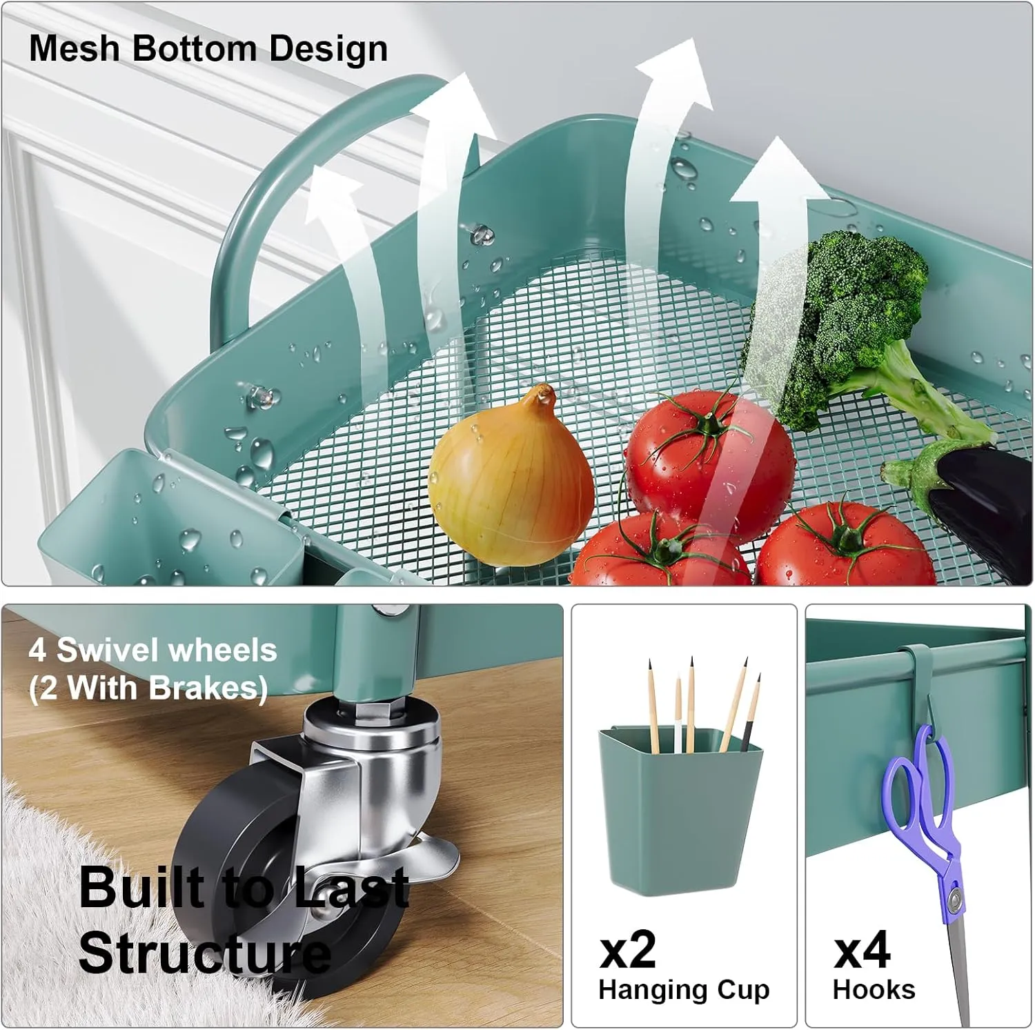 3 Tier Green Metal Rolling Cart with Lockable Wheels and Handle, 3 Tiered Utility Storage Organizer Carts for Teachers, Arts, Craft, Snack, Book, Bedside, Nursery, Cleaning Supplies, Easy Assembly