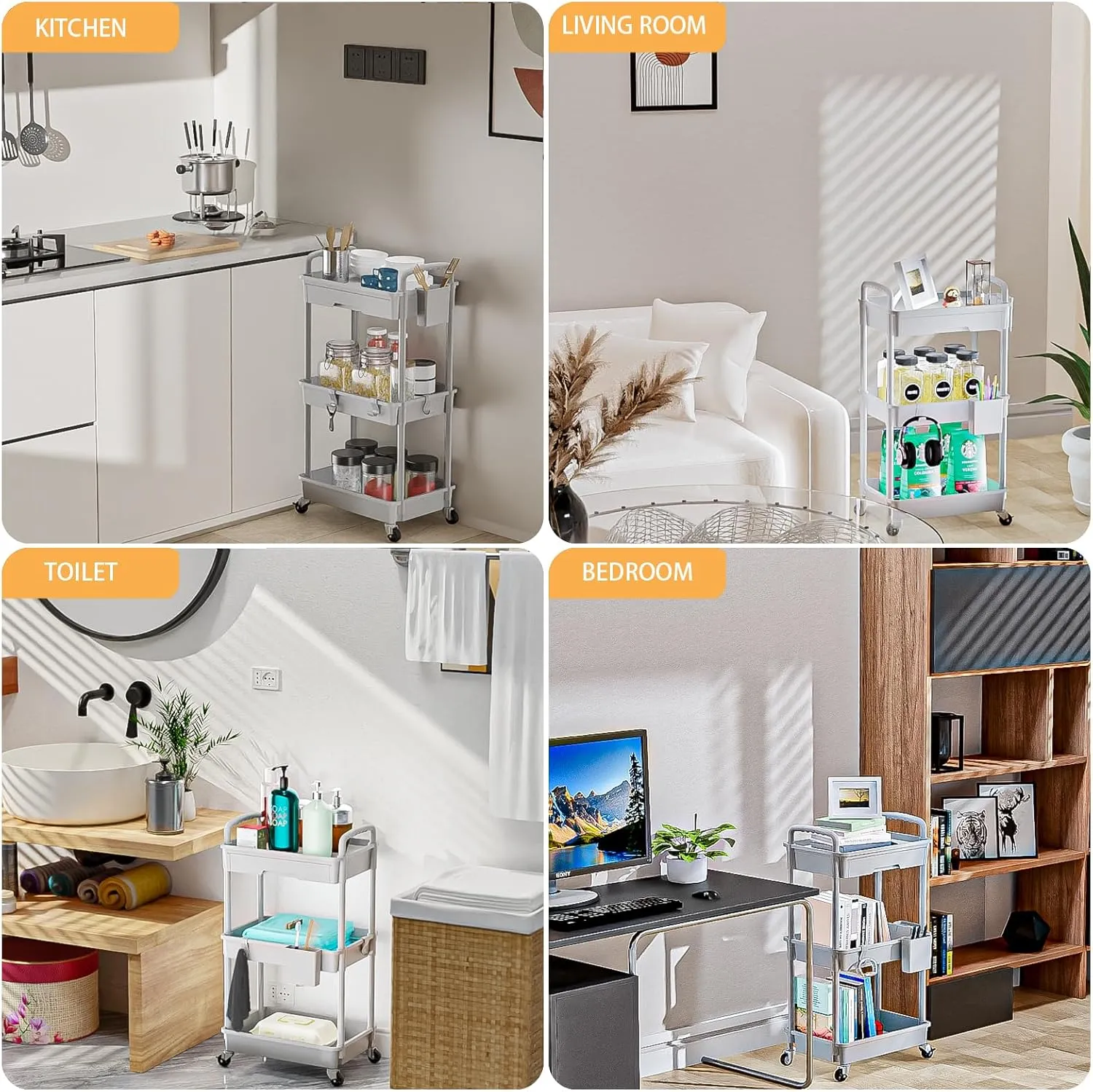 3 Tier Rolling Utility Cart with Drawer,REBECAT Utility Cart Made of Multifunctional Storage Organizer Tool for Kitchen,Bathroom,Living Room,Office(Gray)