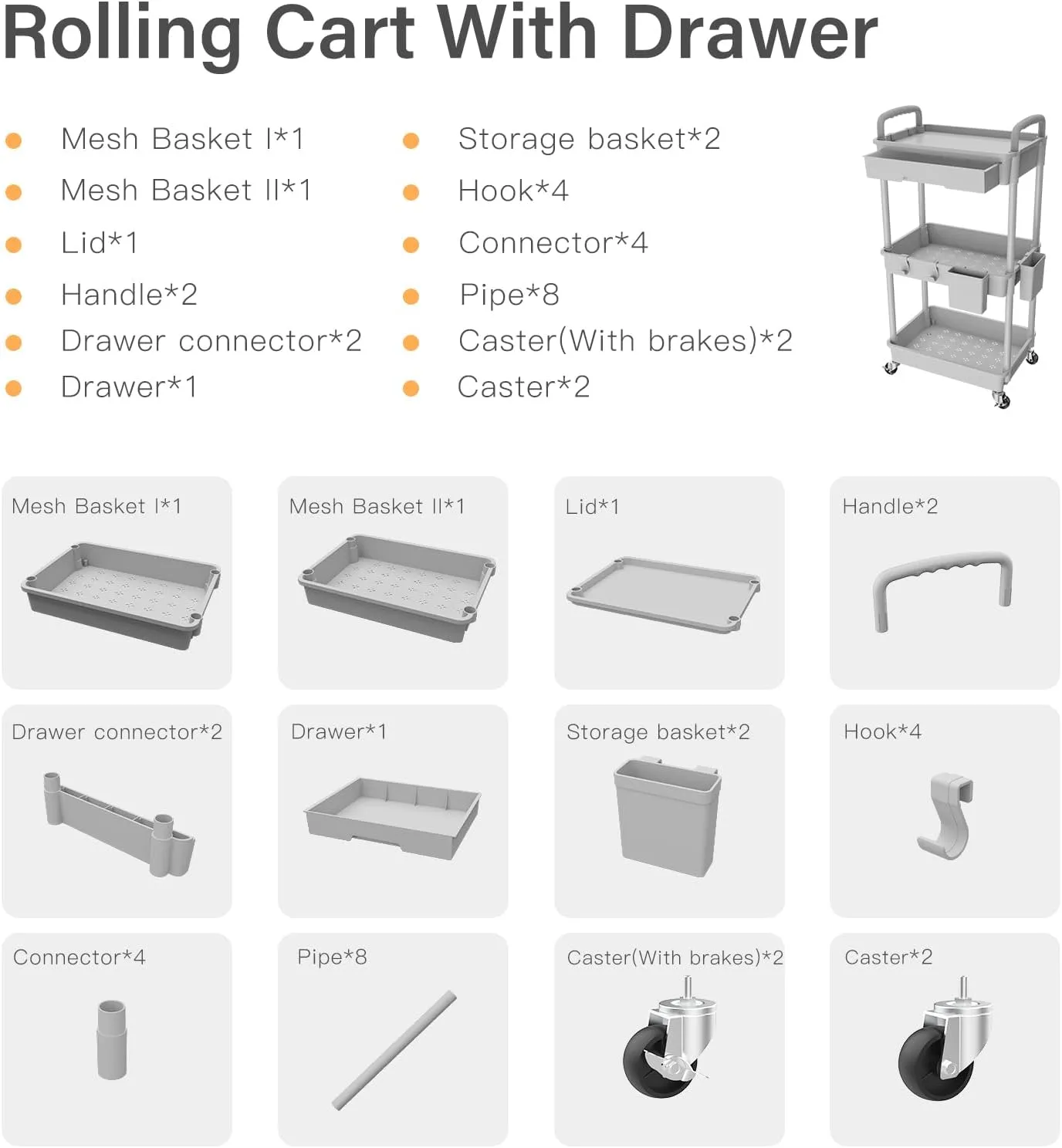 3 Tier Rolling Utility Cart with Drawer,REBECAT Utility Cart Made of Multifunctional Storage Organizer Tool for Kitchen,Bathroom,Living Room,Office(Gray)