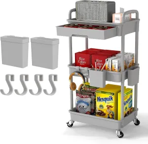 3 Tier Rolling Utility Cart with Drawer,REBECAT Utility Cart Made of Multifunctional Storage Organizer Tool for Kitchen,Bathroom,Living Room,Office(Gray)