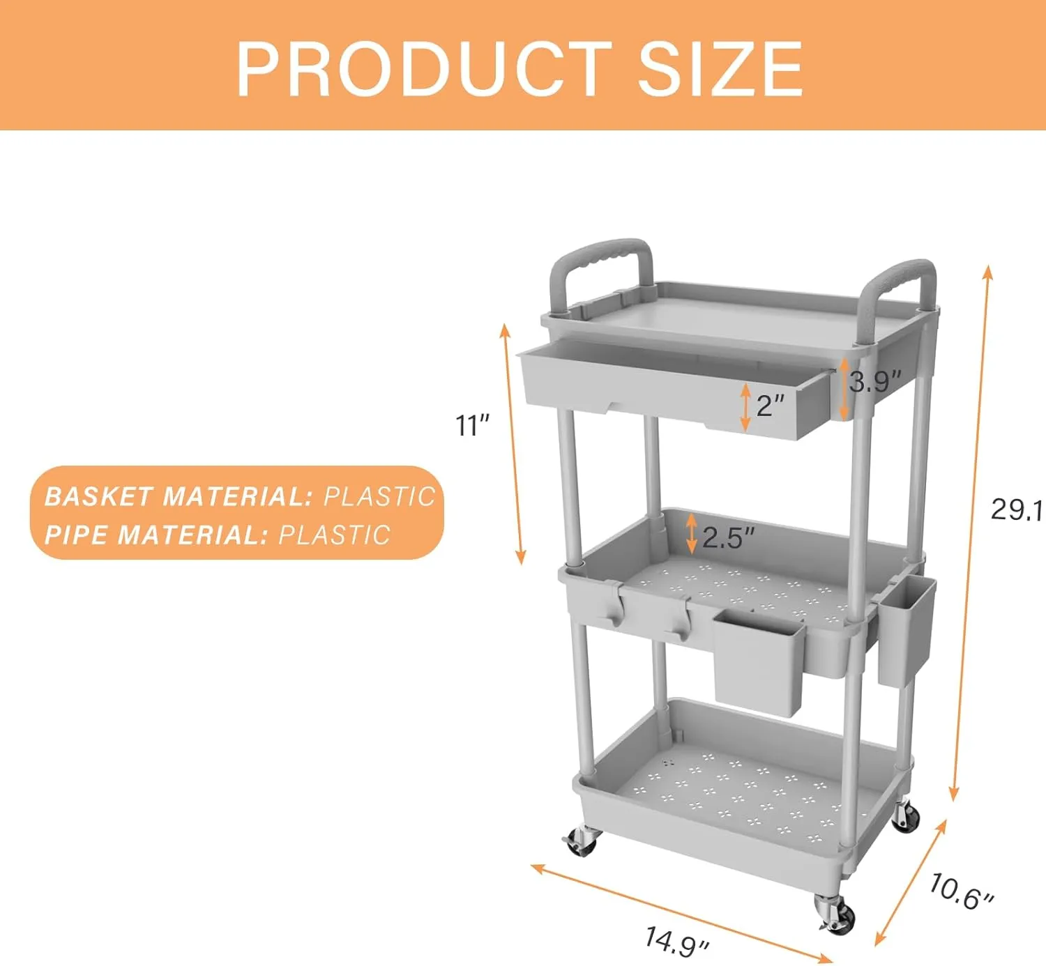 3 Tier Rolling Utility Cart with Drawer,REBECAT Utility Cart Made of Multifunctional Storage Organizer Tool for Kitchen,Bathroom,Living Room,Office(Gray)