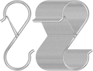 32 Pack S Hooks for Hanging, 3.5 inch Heavy Duty Metal S Hooks with Safety Buckle S Shaped Hooks Pot Rack Closet Hooks for Hanging Plants, Clothes, Kitchen Utensil, Pots, Pans, Bags (Silver)