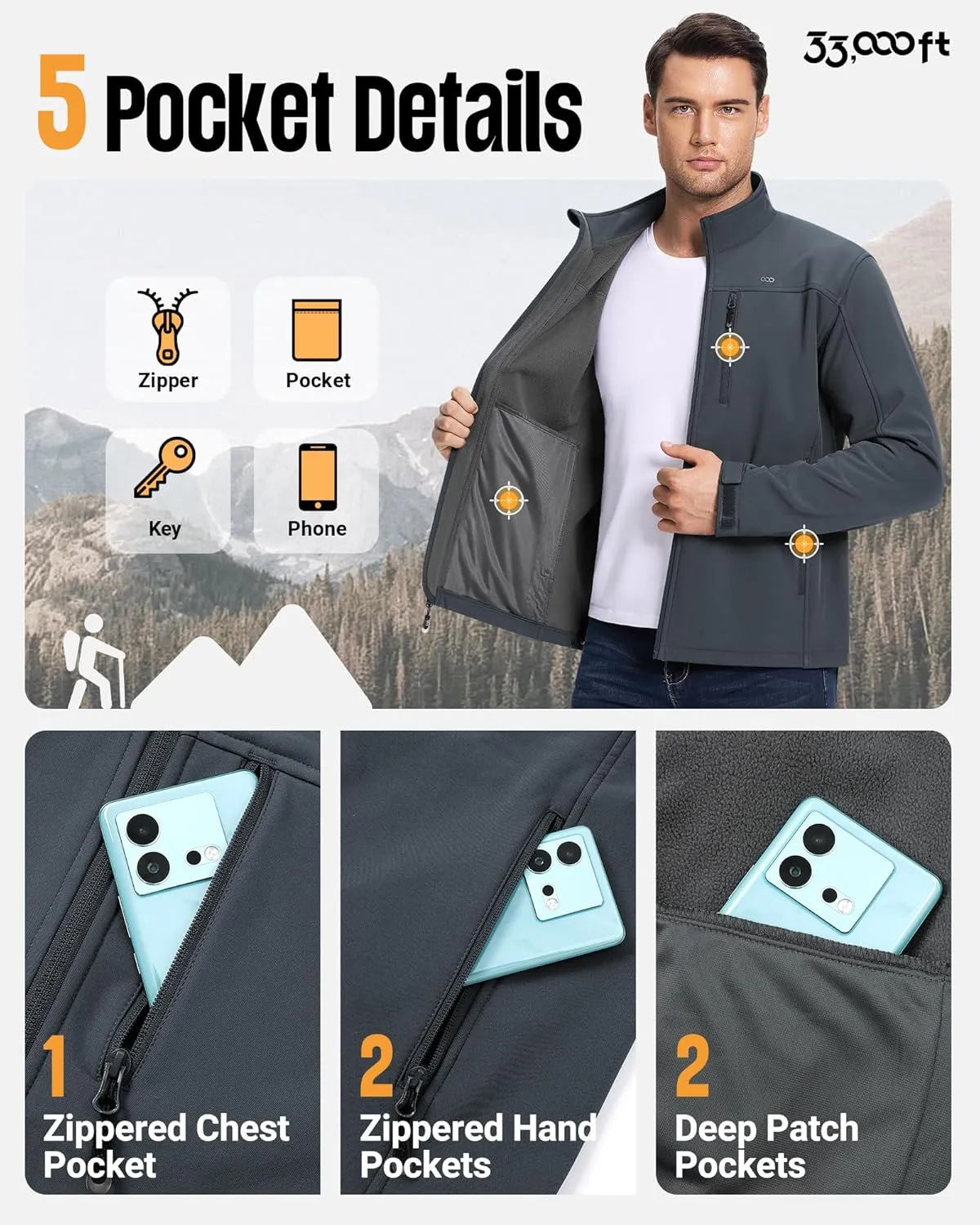 33,000ft Men's Waterproof Softshell Jacket Warm Fleece Lined Windbreaker Lightweight Soft Shell for Travel Hiking Golf