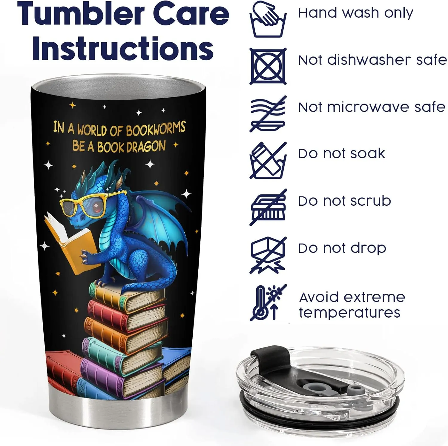 34HD Book Dragon Tumbler with Lid, 20oz Stainless Steel Vacuum Insulated Dragon Coffee Mug, Book Lover Gifts for Birthday Christmas Back To School, Bookworm Gifts for Women, Bookish Items