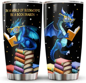 34HD Book Dragon Tumbler with Lid, 20oz Stainless Steel Vacuum Insulated Dragon Coffee Mug, Book Lover Gifts for Birthday Christmas Back To School, Bookworm Gifts for Women, Bookish Items